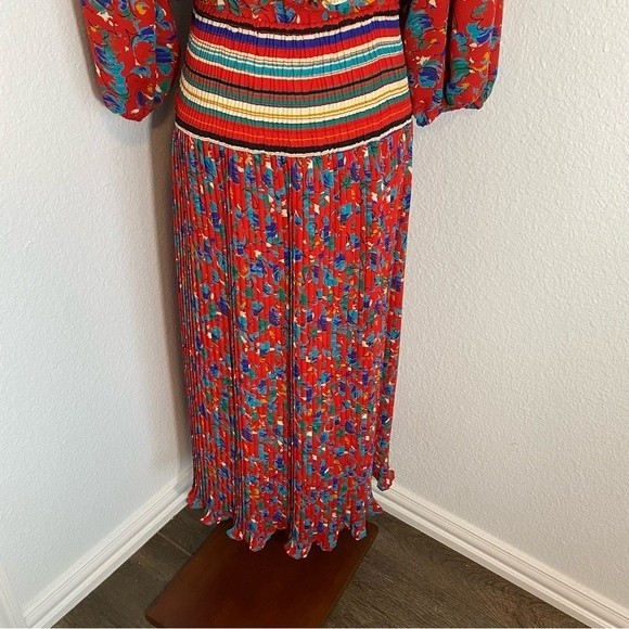 Vintage Assorti Floral Blue Red Wrap Front Unique Waist Pleated Maxi Dress SZ M - Picture 10 of 14
